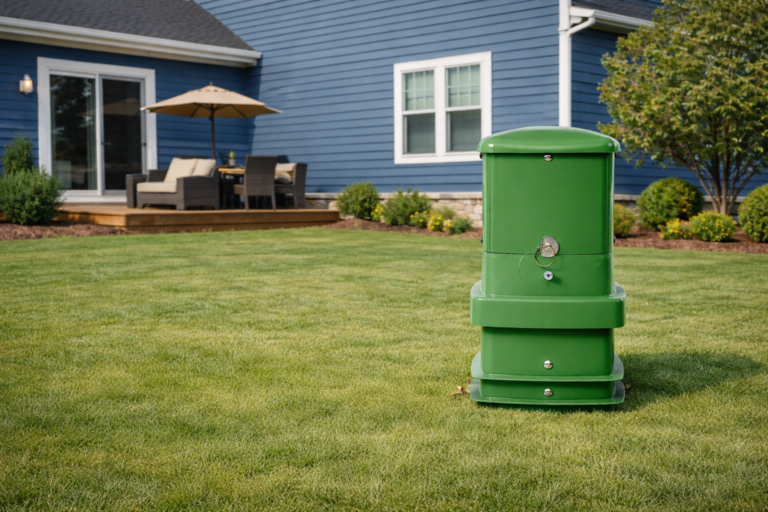 CableTek bright green utility pedestal in a back yard.