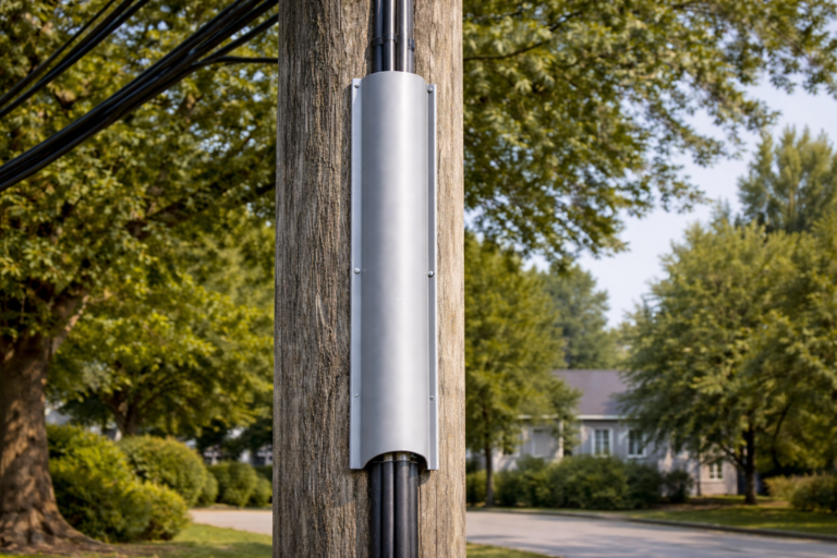 CableTek Utility Pole Wireguard displayed on a telecommunications pole in a neighborhood.