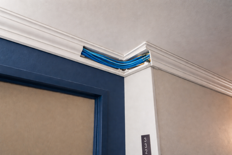 Crown Molding Raceway showing blue cables hidden and routed around the ceiling of a room.