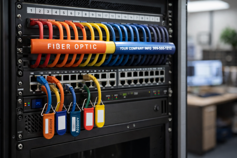 Example of CableTek identification products and tags used to label server cables.